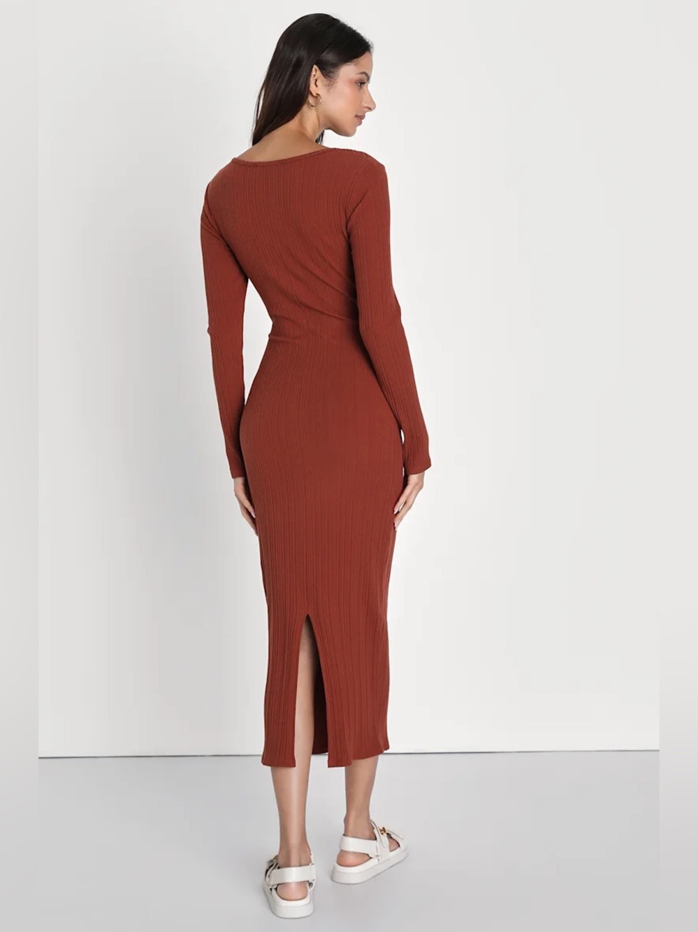 Lulus Rust Ribbed Twist Front Midi Dress - Picture 2 of 7